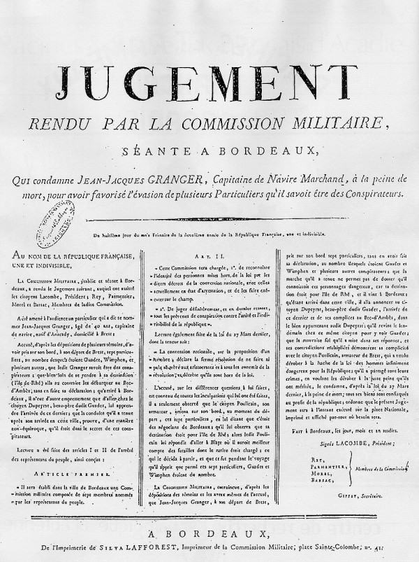 Affiche du jugement de condamnation à mort de JJ Granger