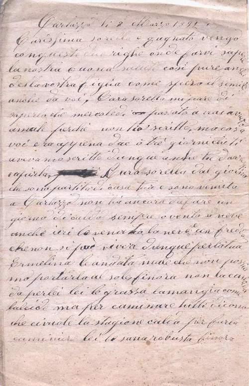 Lettre: de Maria Mutti à sa soeur Prudenza (P. 1 ?) Lettre: de Maria Mutti à sa soeur Prudenza (P. 1 ?)