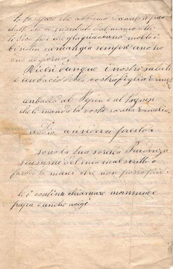 Lettre: de Maria Mutti à sa soeur Prudenza (P. 2 ?) Lettre: de Maria Mutti à sa soeur Prudenza (P. 2 ?)