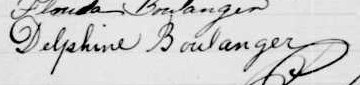 Signature de Delphine Boulanger: Registres de Saint-Julien-de-Wolfeestown, 1890, p. 20 Signature de Delphine Boulanger: Registres de Saint-Julien-de-Wolfeestown, 1890, p. 20