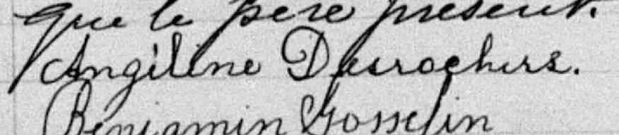 Signature de Angéline Desrochers: 30 juin 1890 Signature de Angéline Desrochers: 30 juin 1890
